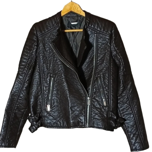 Mango Brown faux leather bomber biker jacket coat zipper pockets buckles small - Picture 2 of 7